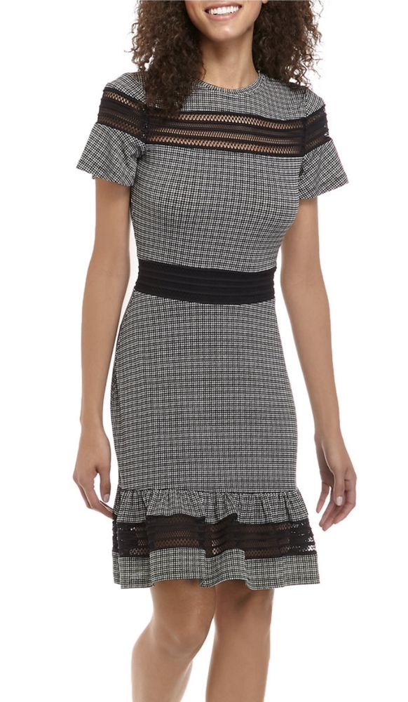 Michael Kors mesh combo houndstooth stretchy crew neckline dress in size XL